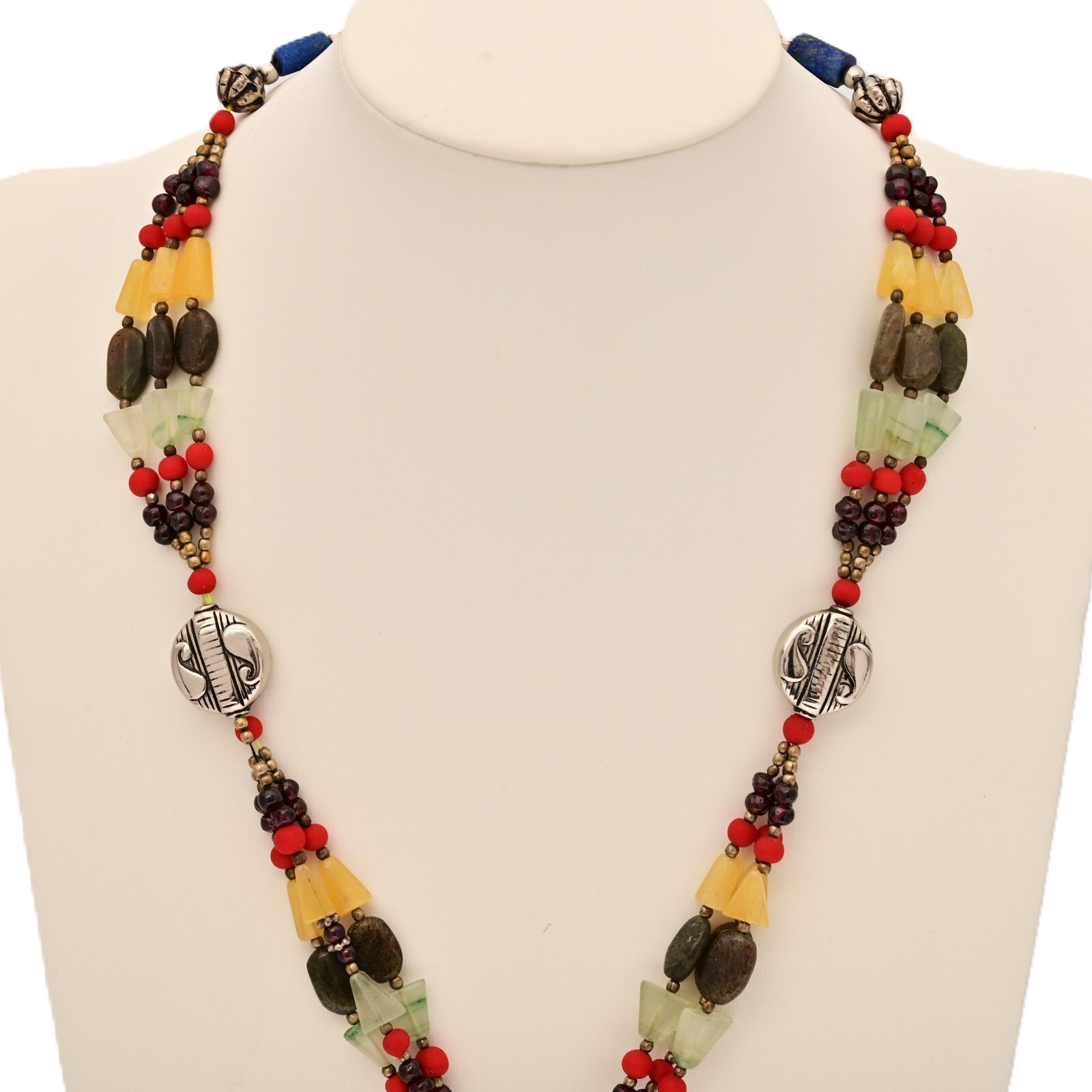 Vintage Original Sterling Silver Tribal Multi Gemstone Pendant Estate Necklace