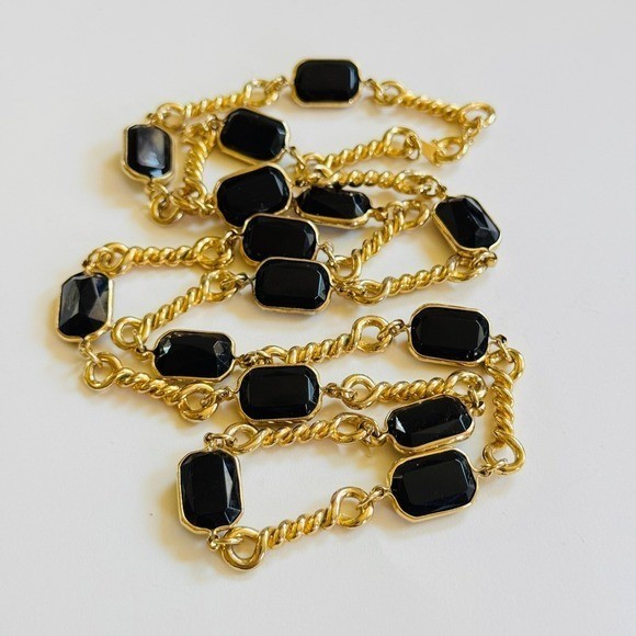 VTG Regal gold link necklace black open bezel Chicklet statement runway 90s 30″