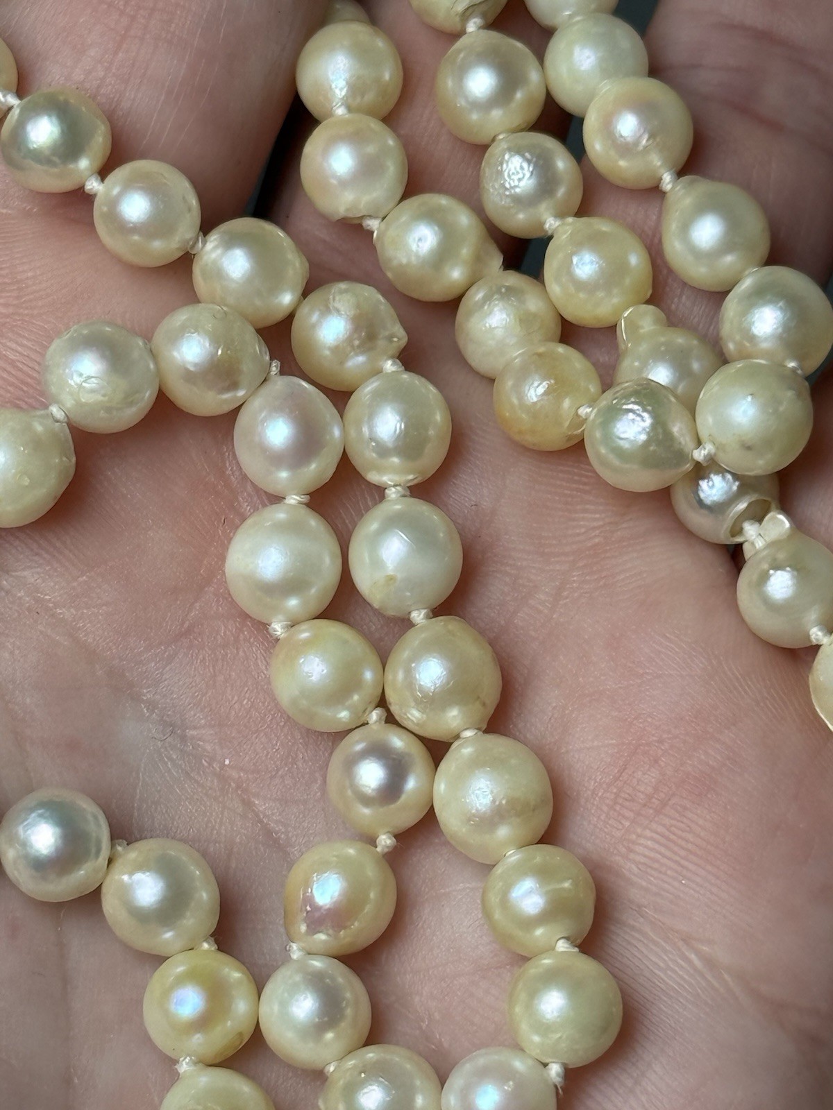 Vtg Art Deco Sterling Silver Pearl Clasp Baroque Akoya Hand Knotted Necklace 25”