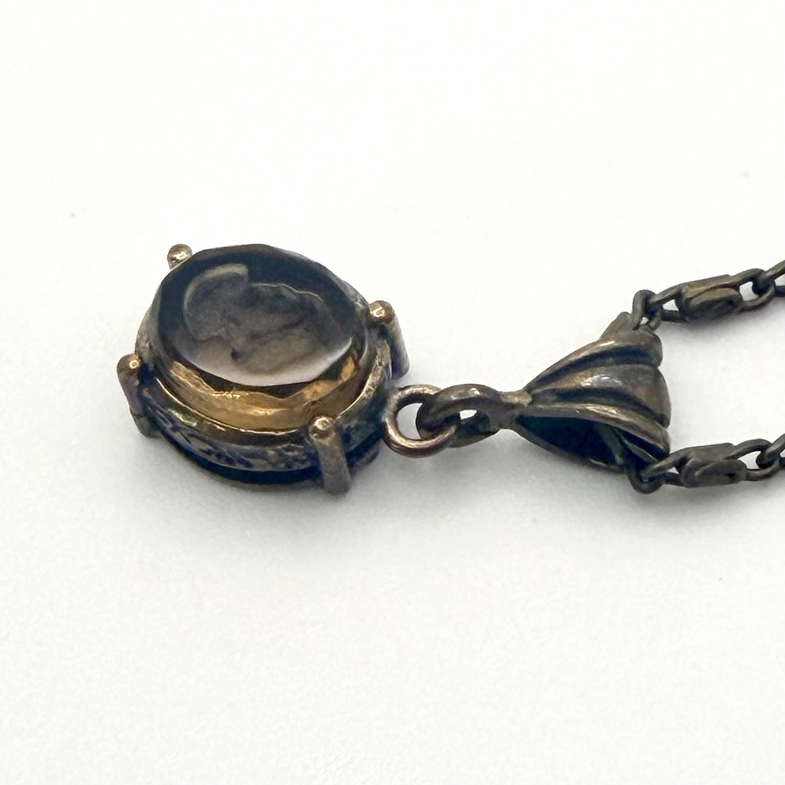 Extasia Signed EXT Vintage Style Bronze Fob Pendant Necklace Smoky Brown Glass