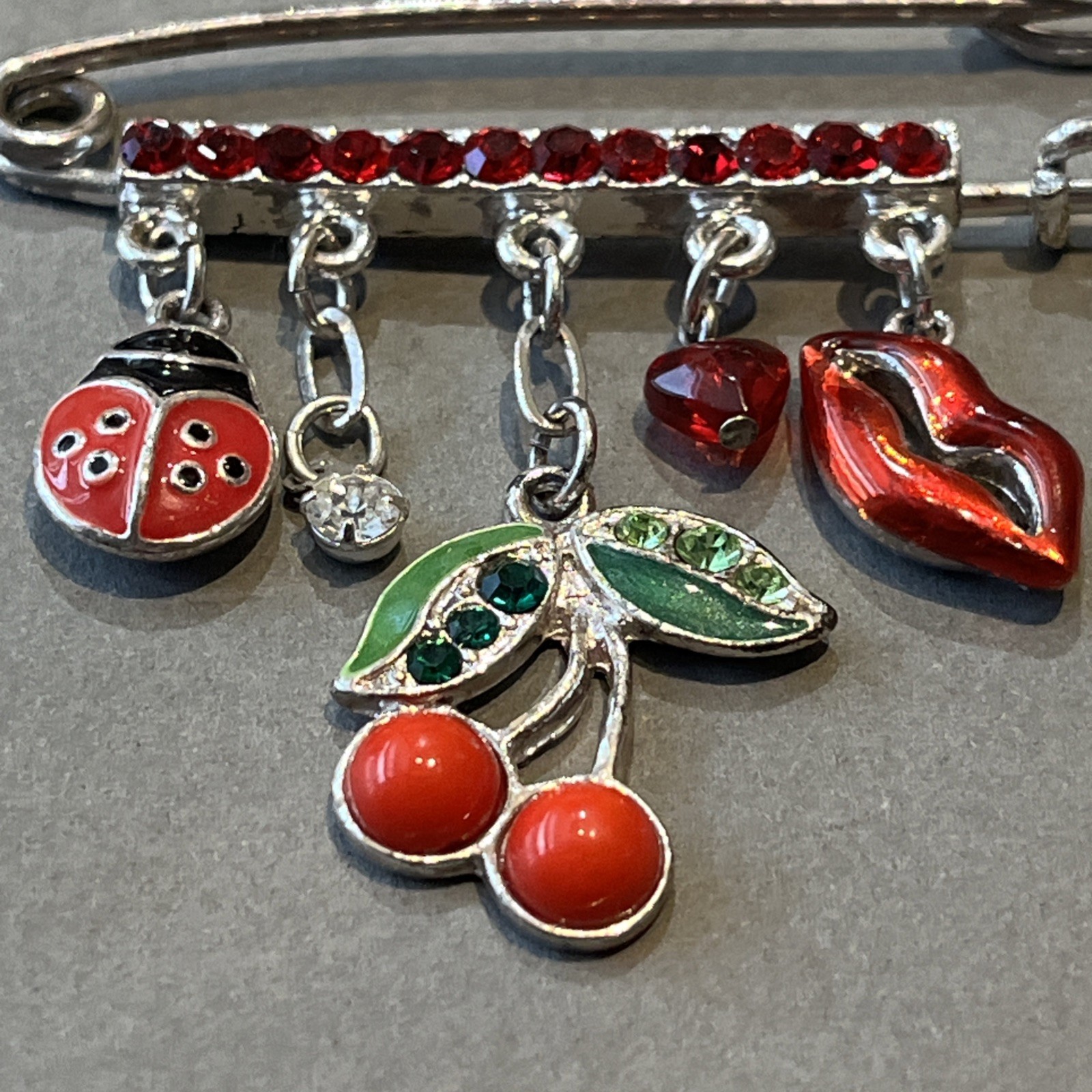 Vtg Lucky Charm Safety Pin Brooch Lips Heart Cherries Ladybug Nature Love & Luck
