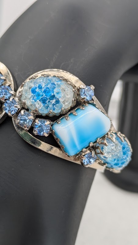 Vintage Rhinestone Clamper Bracelet Crackle Cabochon Blue Glass