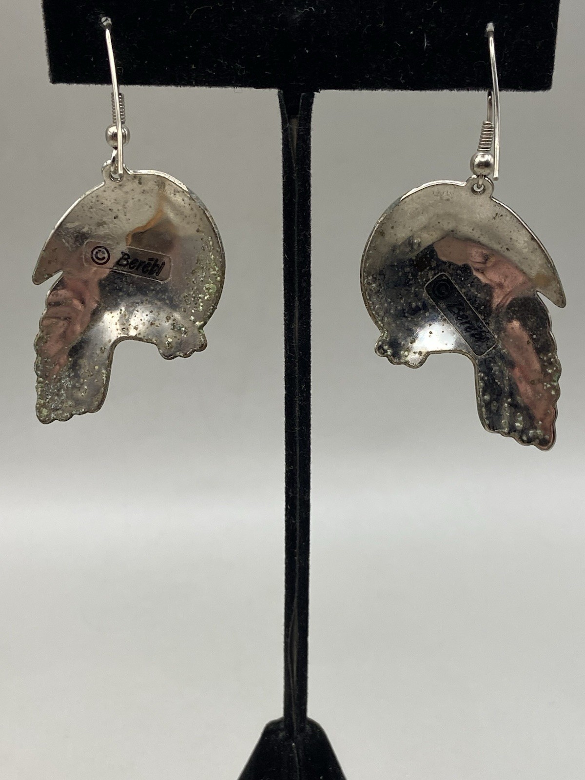 Vtg Edgar Berebi Silvertone Blue Green Enameled Toucan Dangle Pierced Earrings