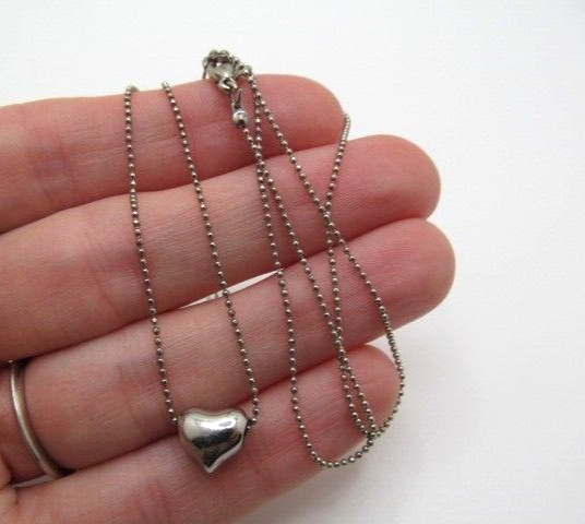 Vintage Silver Tone Mini Ball Bead Chain Heart Slide Pendant Necklace