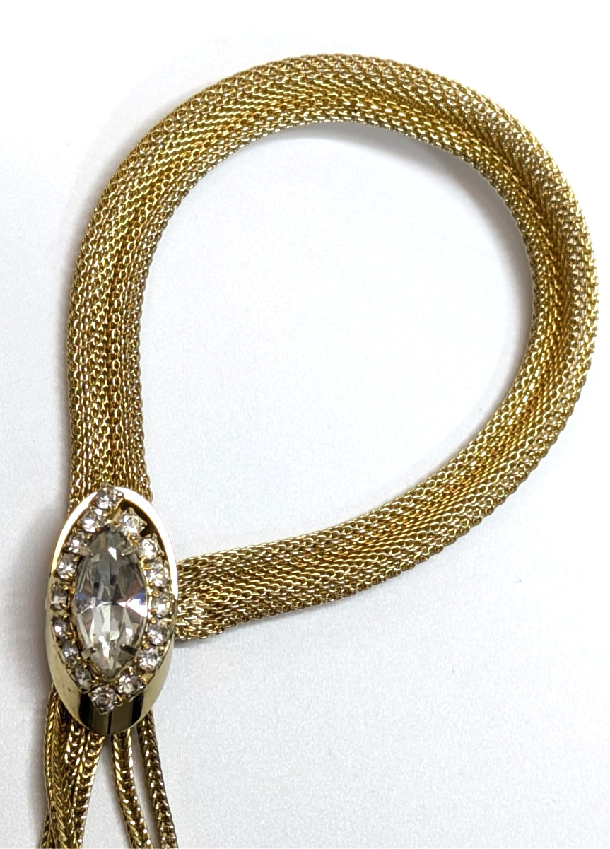 VTG Kramer Mesh Gold Tone Snap Tassel Bracelet Clear Rhinestones 7″ Long