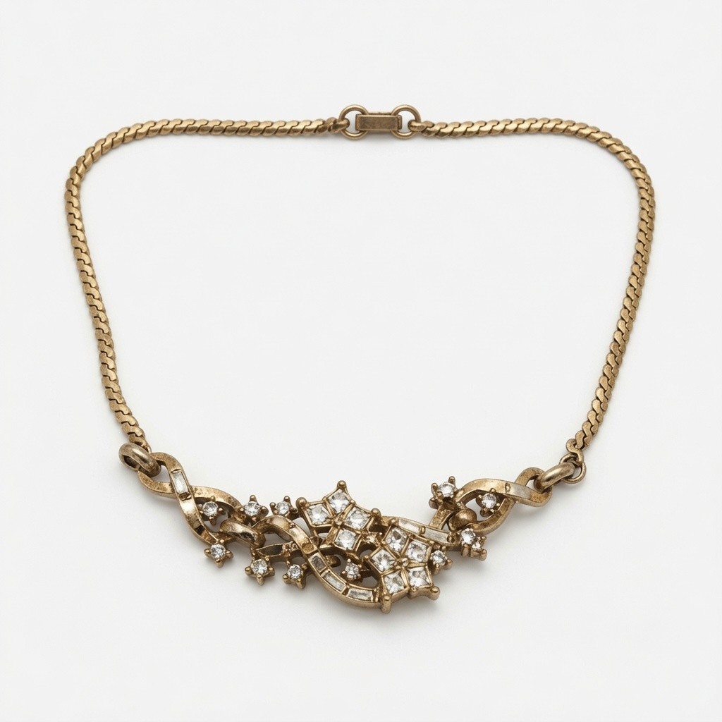Vintage Gold Tone Clear Rhinestone Choker Necklace Ornate Square Baguette Stones
