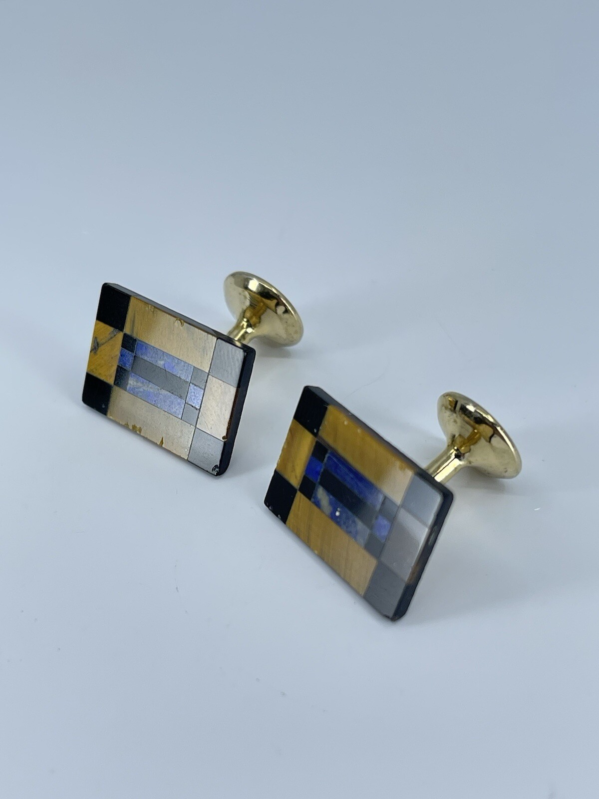 Vintage Onyx Lapis Tigers eye rectangle cufflinks polished gold tone fixed backs