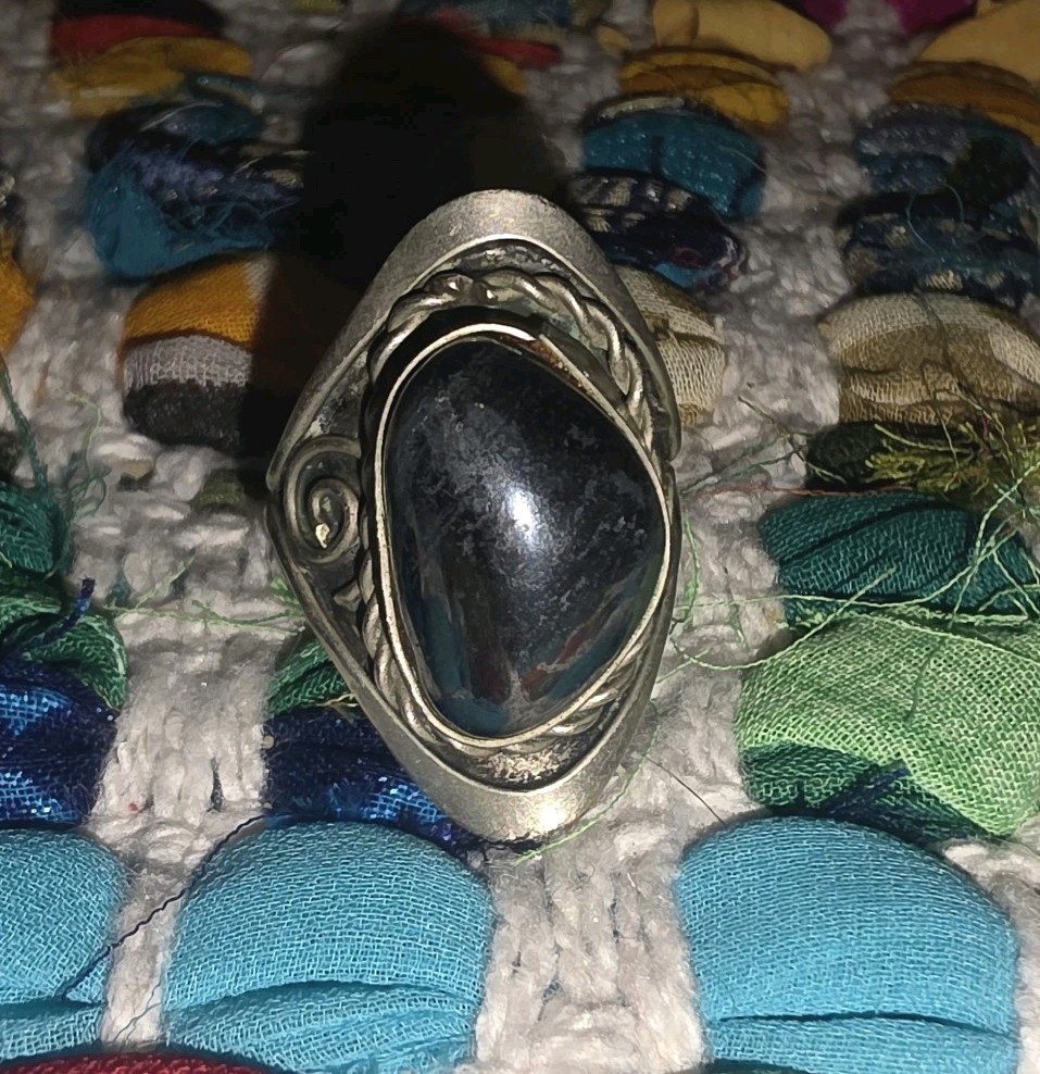 Large Vintage Silver Plated Hematite Dark Metallic Black Stone Adjustable Ring