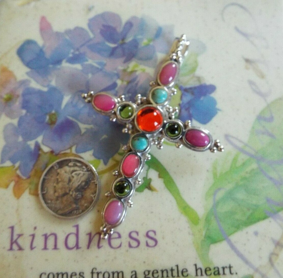 Beautiful large colorful religious cross. Sterling silver 10.9 grams