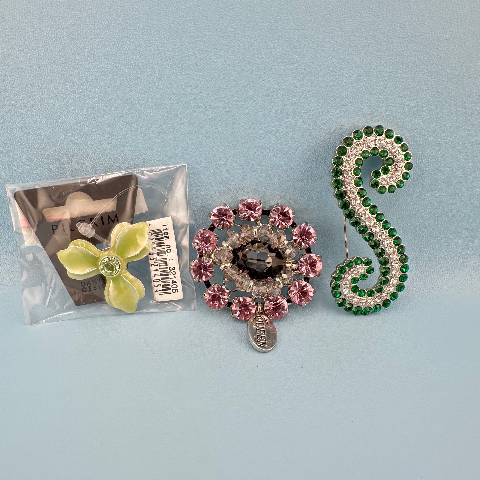 Rhinestone Brooch Pin Lot Modern Vintage NOS Letter S Queen Flower by Pilgrim