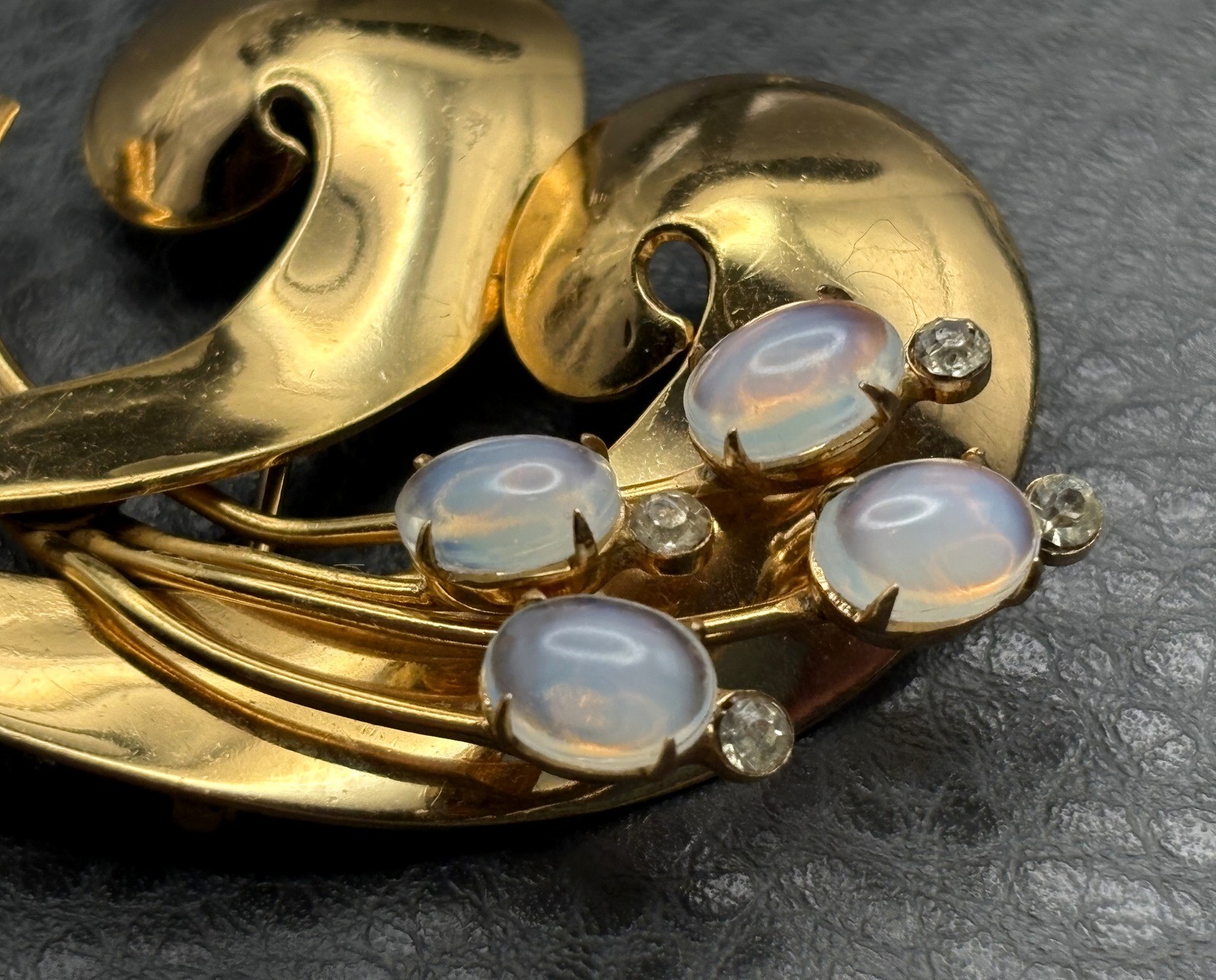 Vintage Coro Pegasus Faux Opal Glass Rhinestone Floral Brooch Modernist