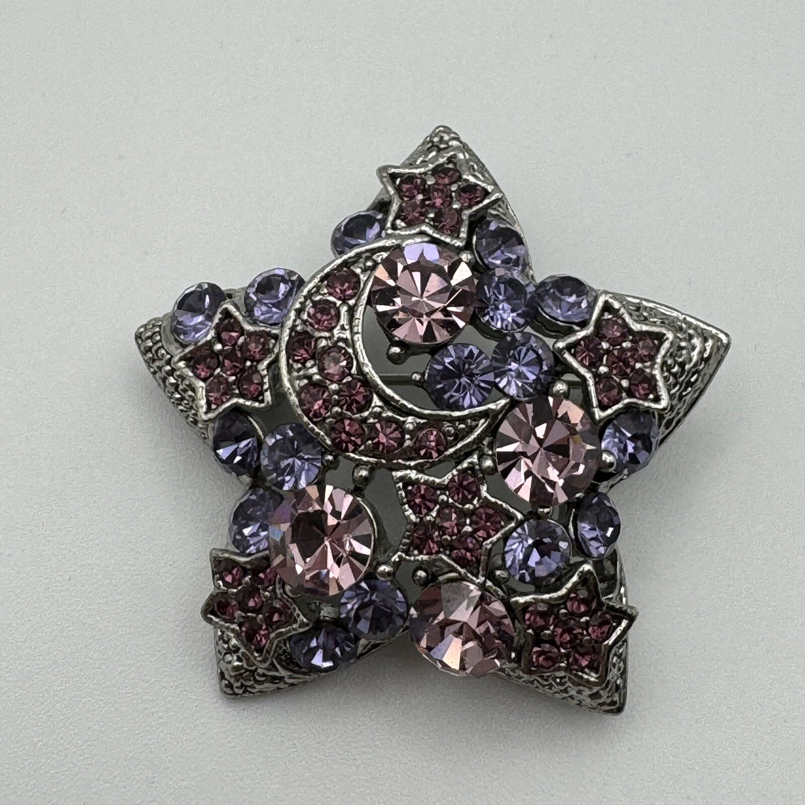 Stars Crescent Moon Purple Rhinestone Silvertone Brooch Pin