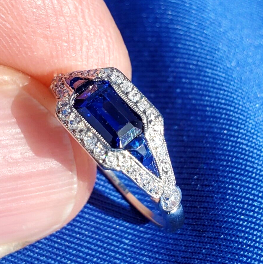 Original EARTH MINED SAPPHIRE DIAMOND ART Deco SOLID PLATINUM Engagement RING 6