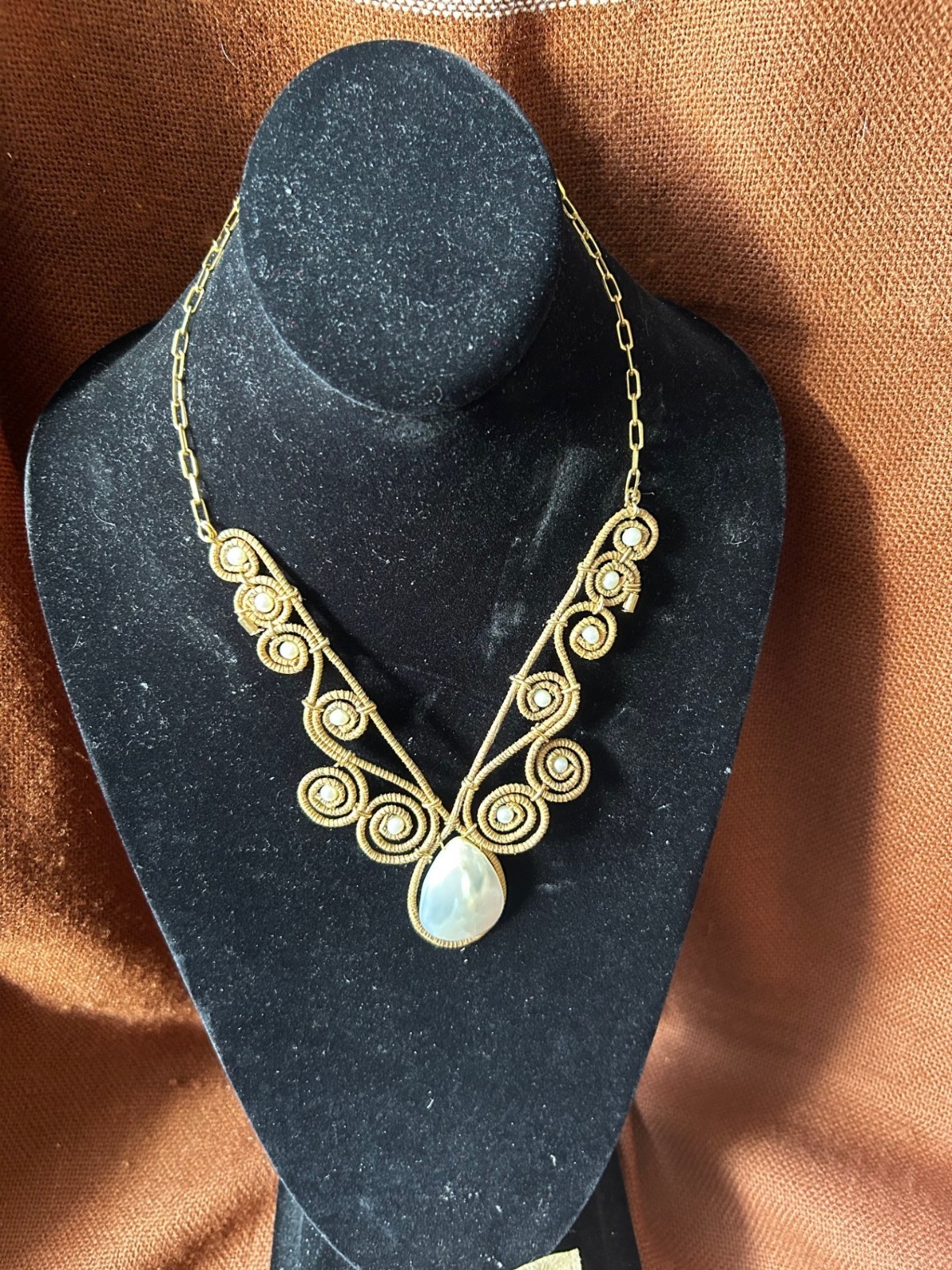 Artizan Goldtone Wire Wrapped Mother of Pearl V-neck Bib Collar Necklace