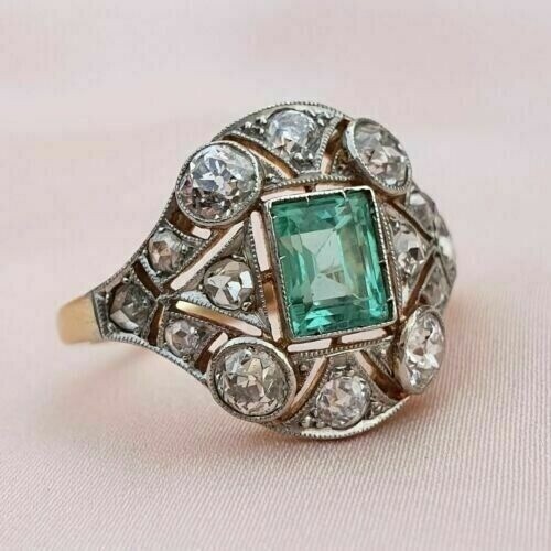Art Deco 2.80 Ct Lab-Grown Emerald Vintage Style Wedding Ring 14K 2-Tone Gold FN