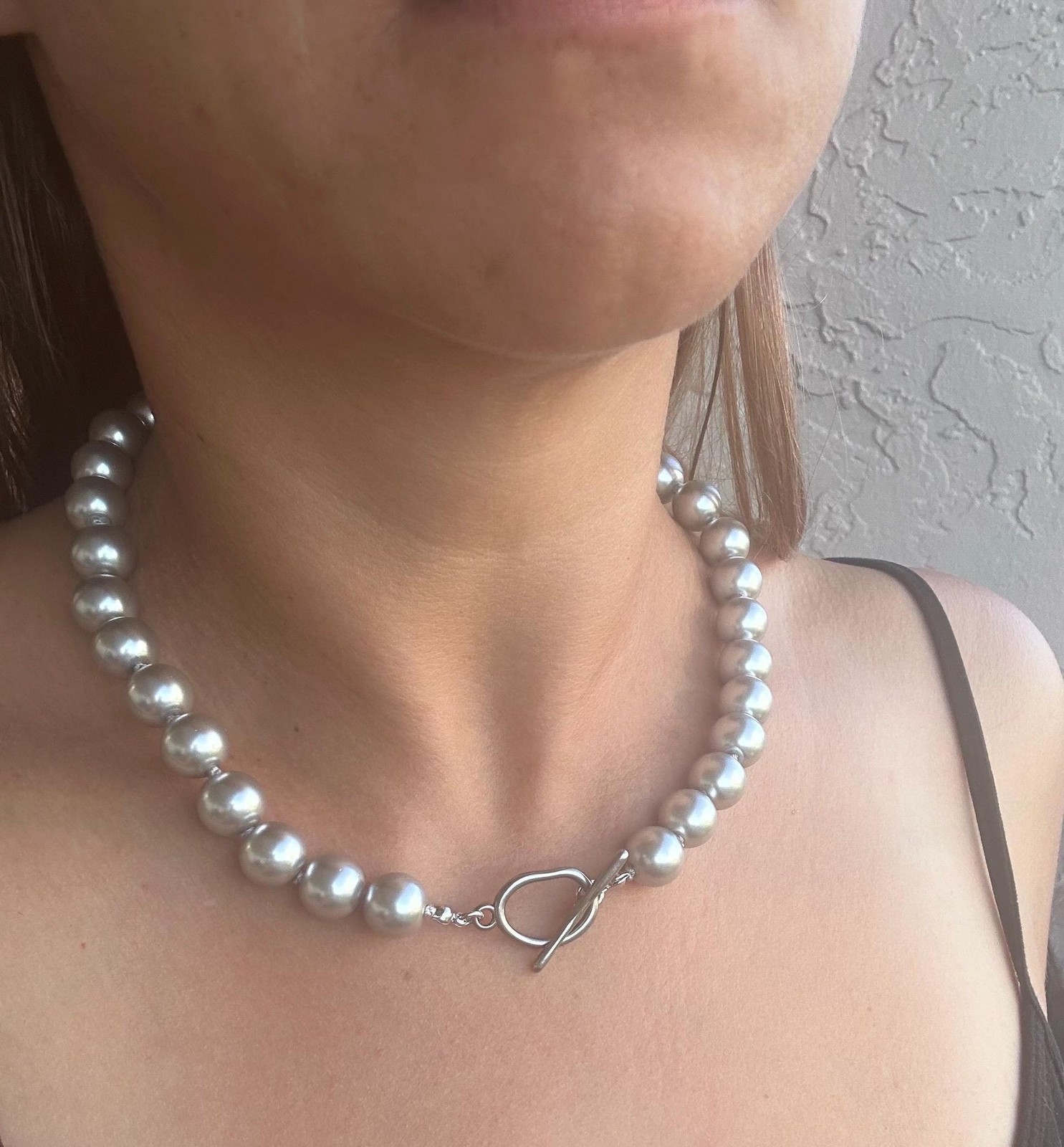 Minimalist Light Grey Glass Pearl Choker Stainless Toggle
