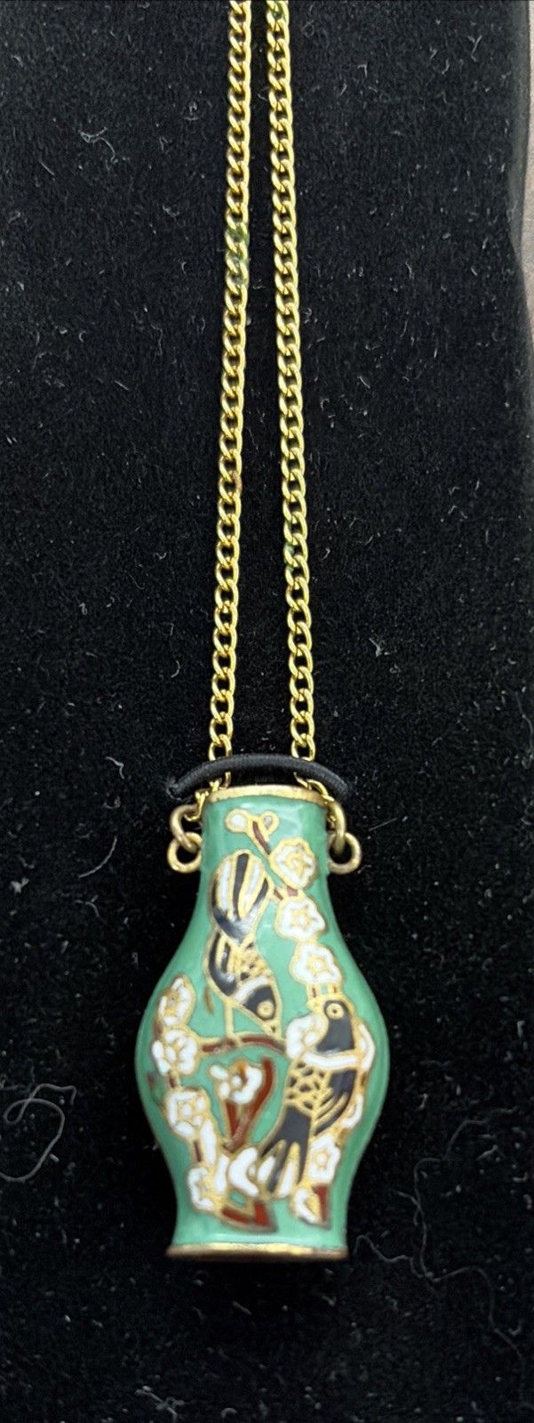 Vintage Cloisonné Enamel Vase Pendant Hand Painted Birdsoon 18″ Gold Color Chain