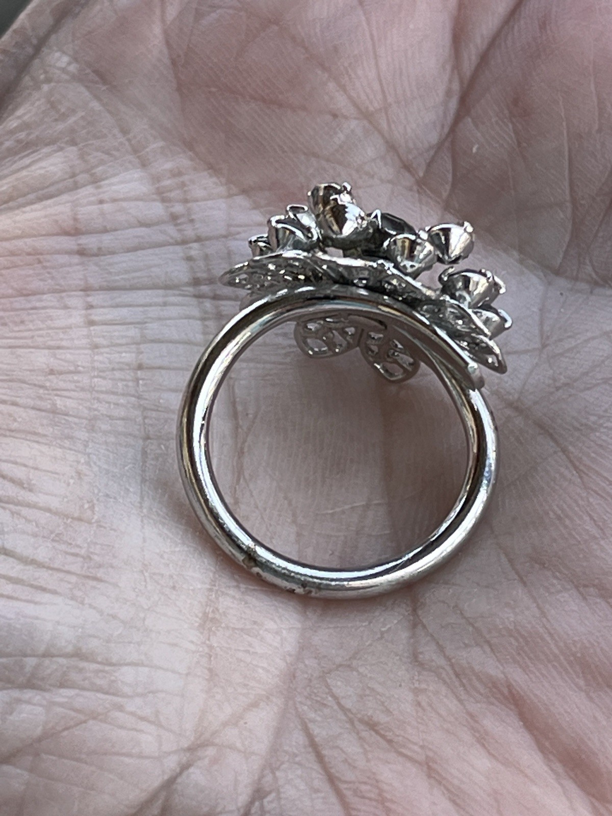 Vintage Sarah Coventry Ring Tiered Flower Clear & Dark Grey Rhinestones Silver