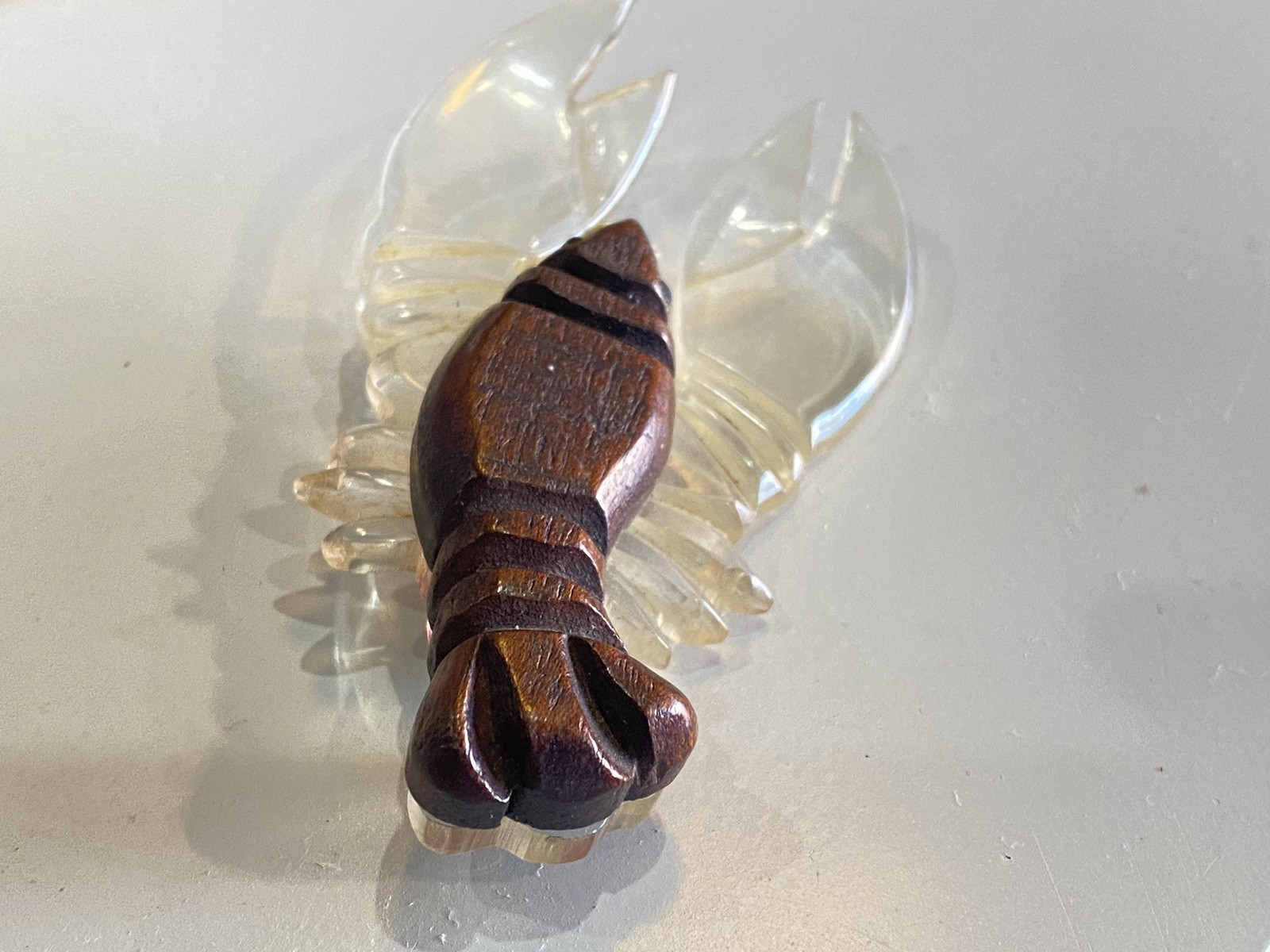 Vintage WWII Era Lucite Wood Lobster Figural Brooch Wartime Novelty Pin 1940s