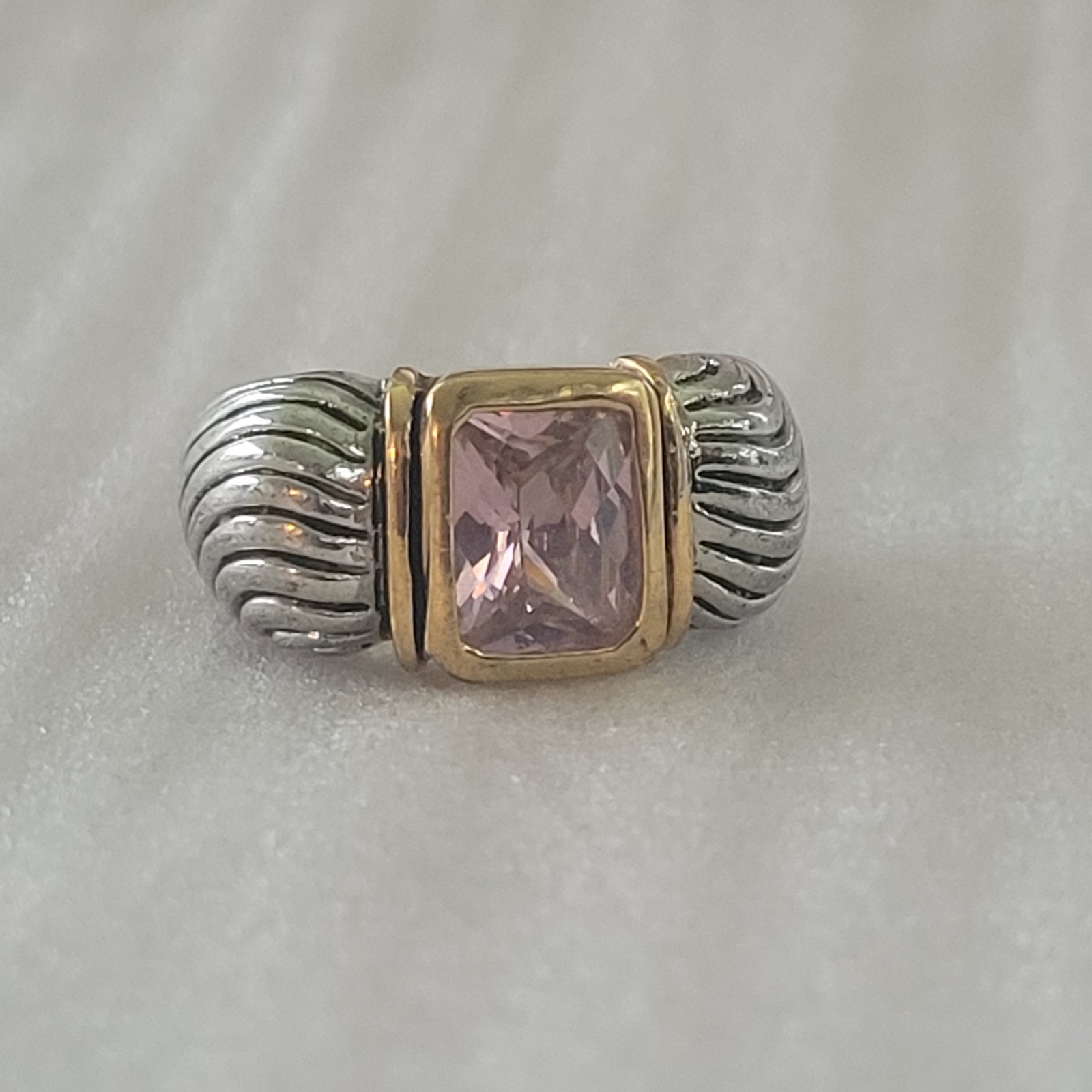 Vintage Two Tone Cable Band Ring 18K GE Pink CZ Size 9.75
