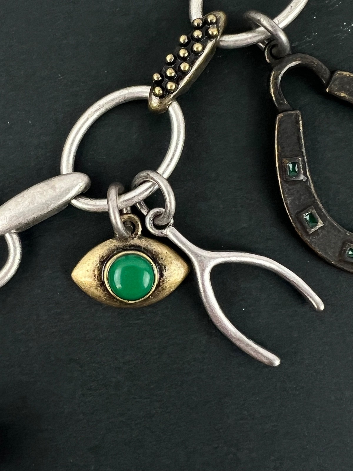 Matte Silver Metal Good Luck Charm Bracelet Dice Shamrock Wishbone Horseshoe 8″