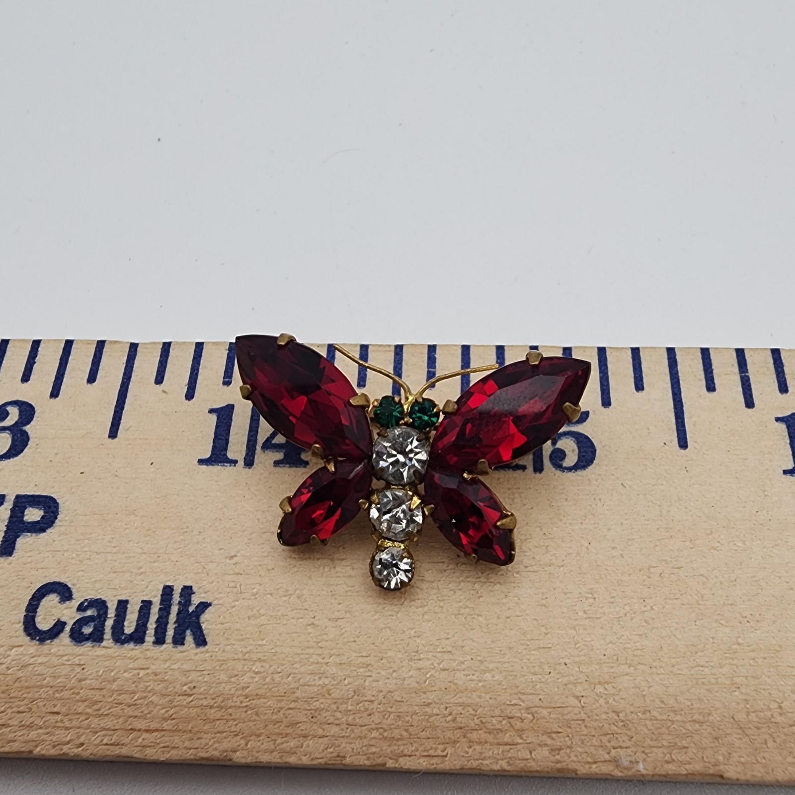VTG Austria Rhinestone Butterfly Brooch Ruby Red Clear Green Figural Insect Pin