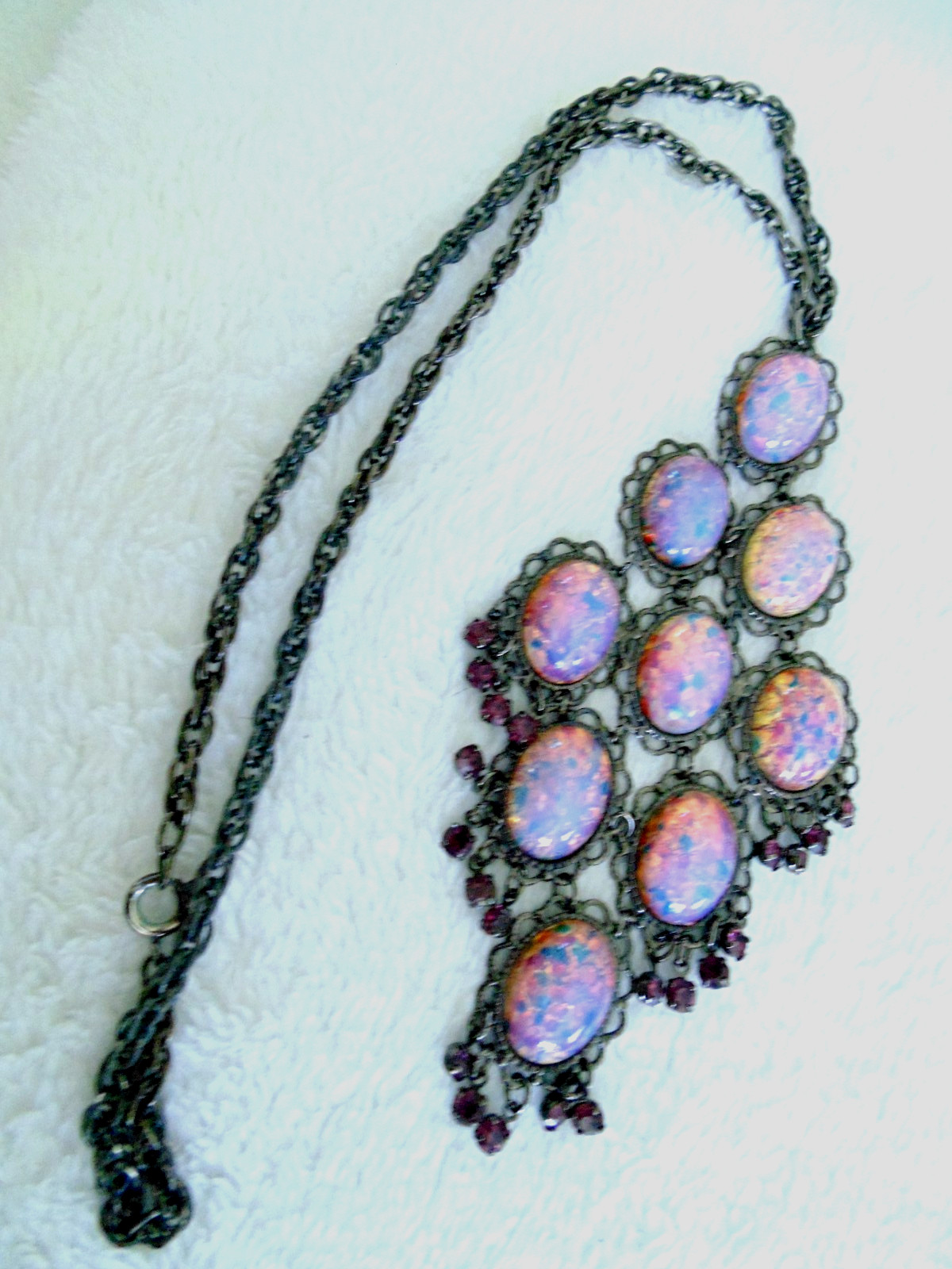 Vtg Dragons Breath Pink Fire Opal Purple Rhinestone Waterfall Pendant Necklace