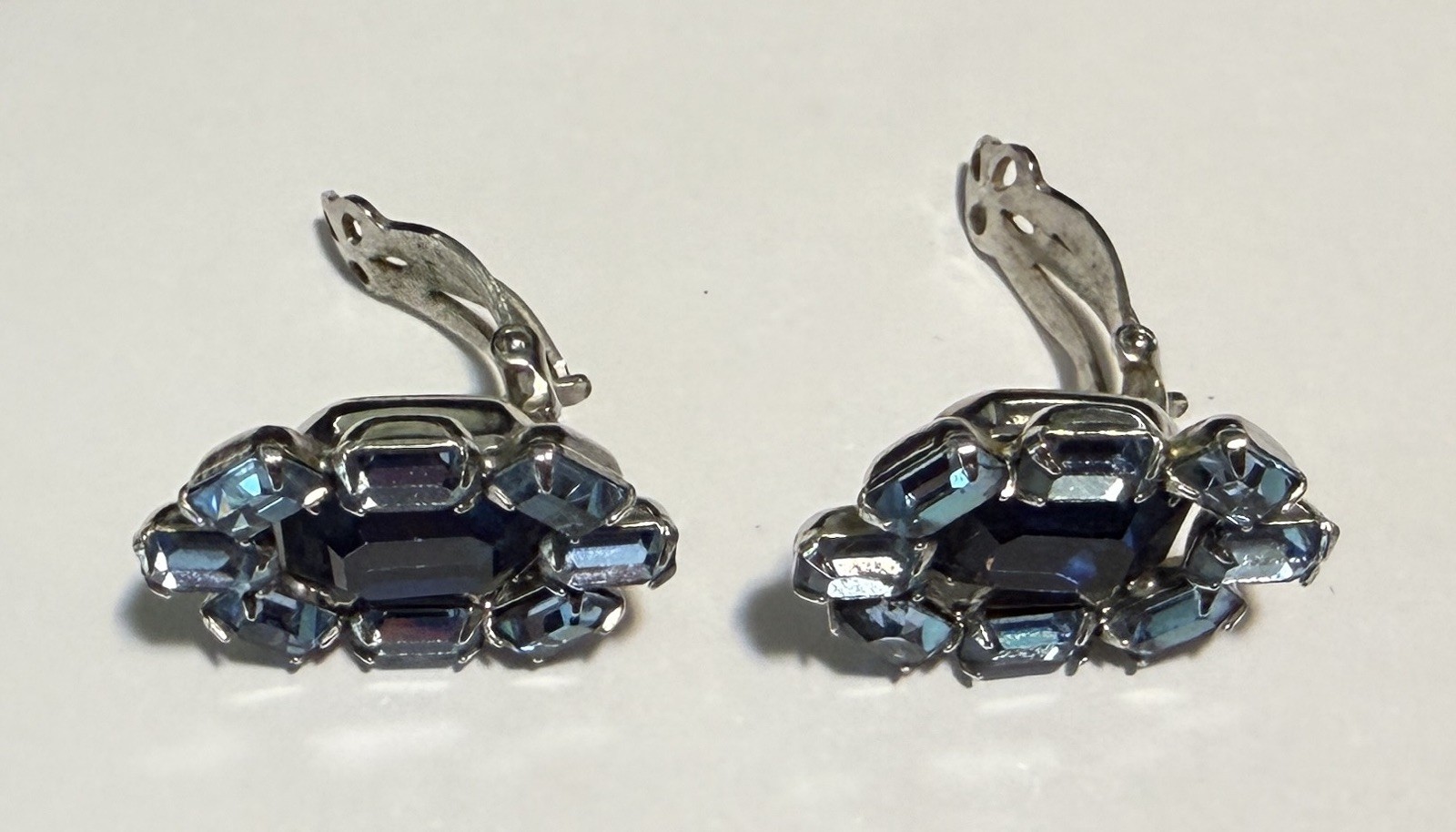 Vintage 1950s Signed Kramer of Ny Emerald-Cut & Baguette Blue Clip On Earrings