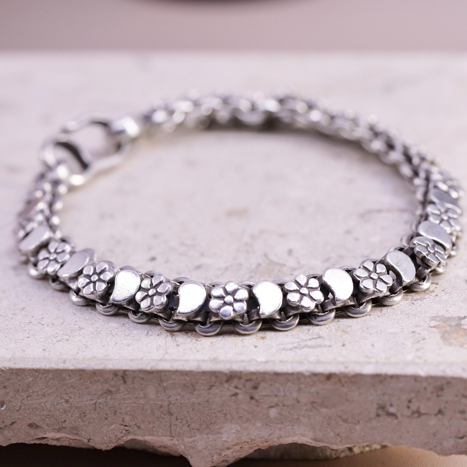 7.25″, vintage Sterling silver handmade tennis bracelet, 925 flower links