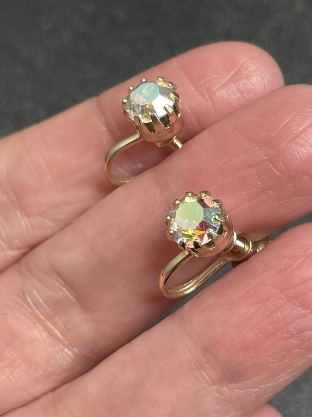 Vintage AB Crystal Rhinestone Gold Tone Screw Back Earrings