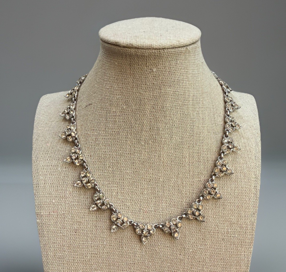 1940s Rhodium Plated necklace 16” Signed Albion Clear Rhinestone Deco “rare”