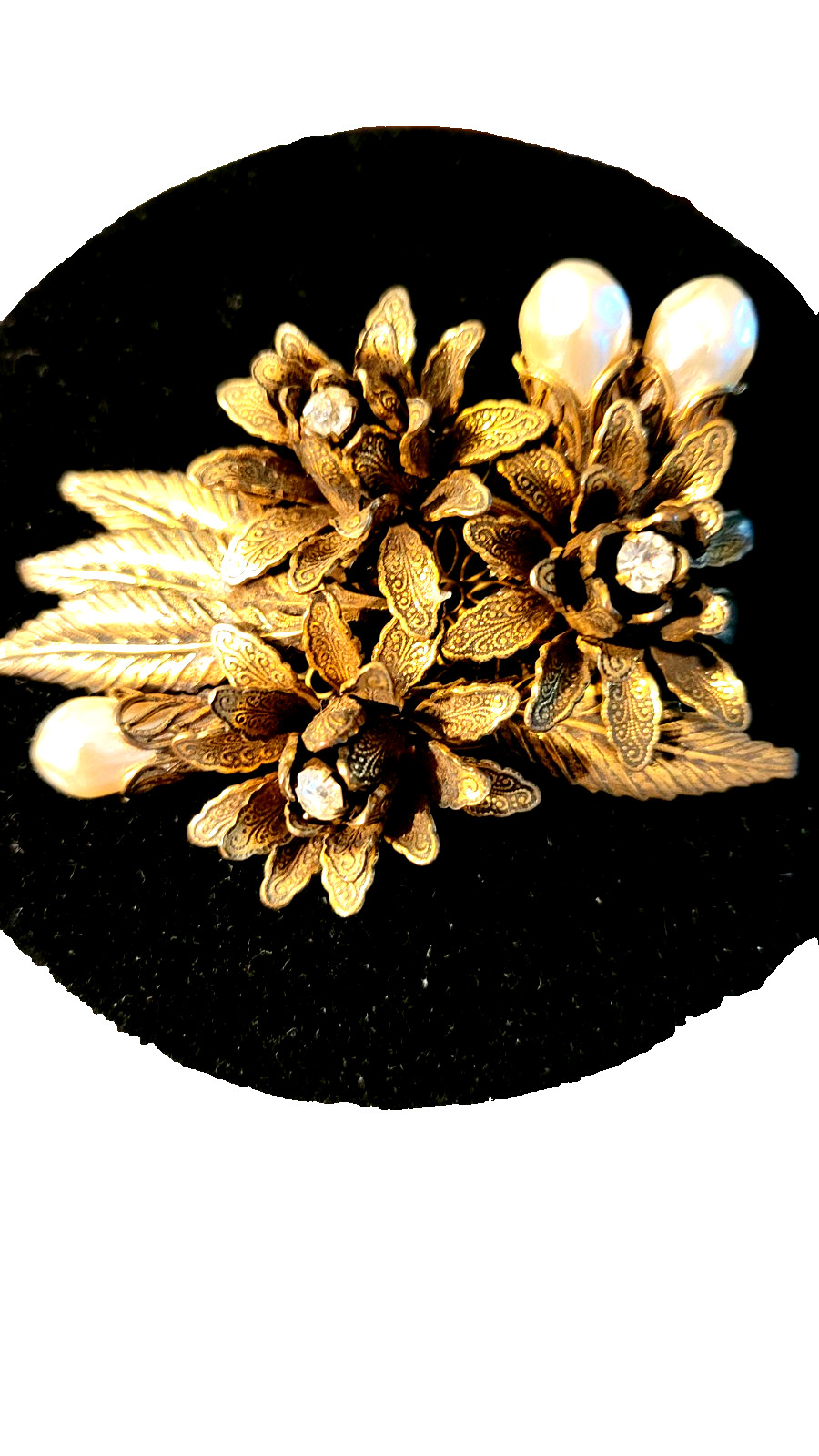 Vintage bronze color metal brooch pin, faux pearls and rhinestones, 2+3/4″ by 2″