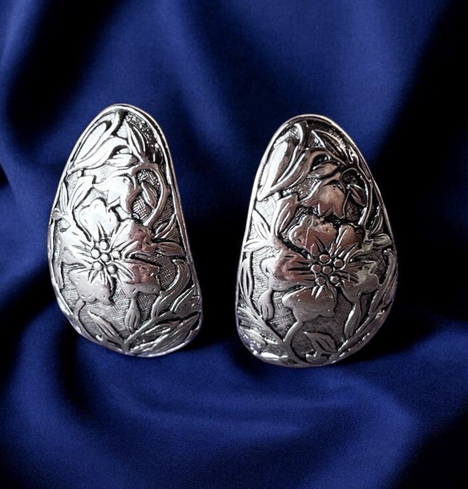 Vintage Repoussé Floral Silver Teardrop Post Pierced Earrings – 1.5” – Statement