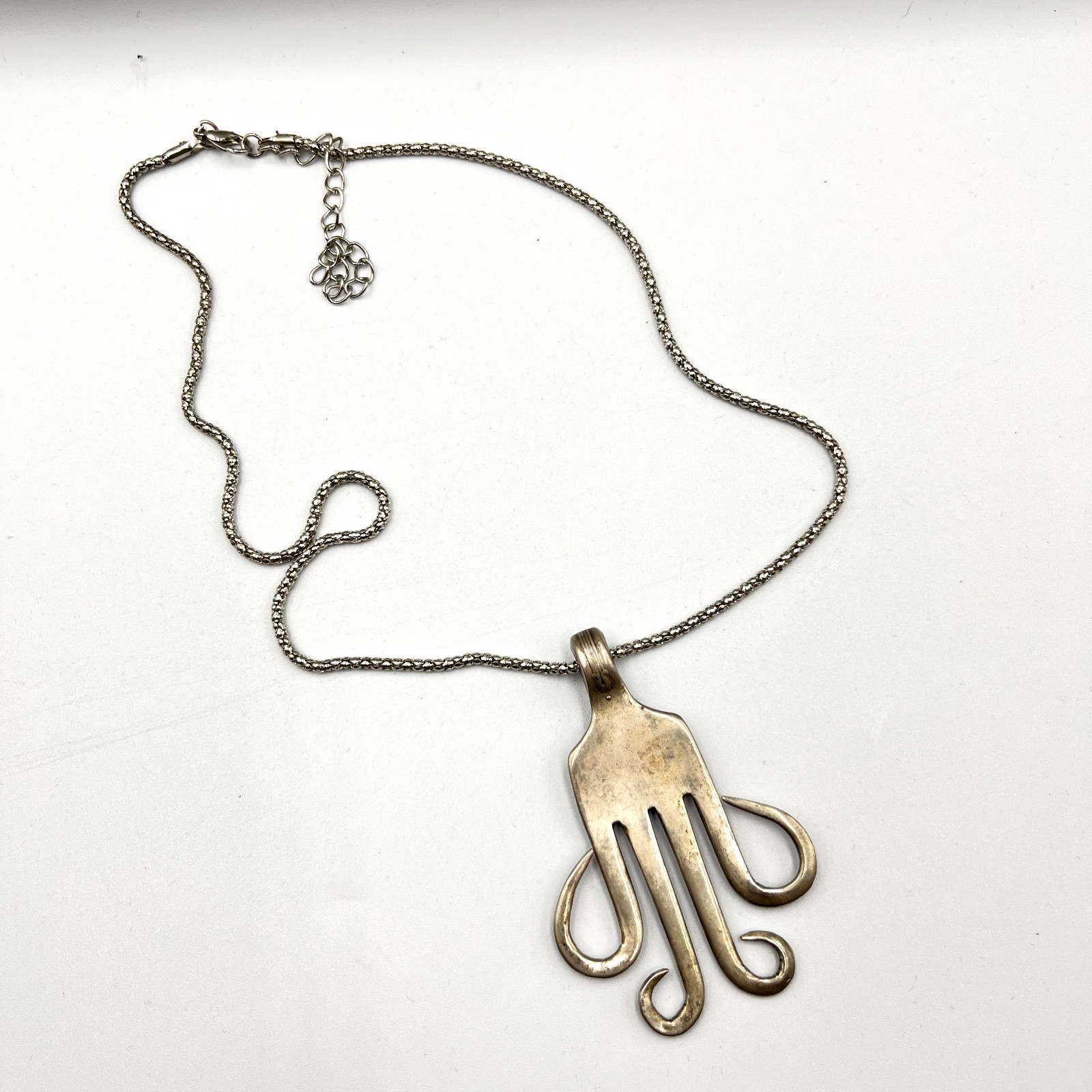 Vintage Silver Tone Fork Octopus Pendant Necklace Quirky Boho Statement Jewelry