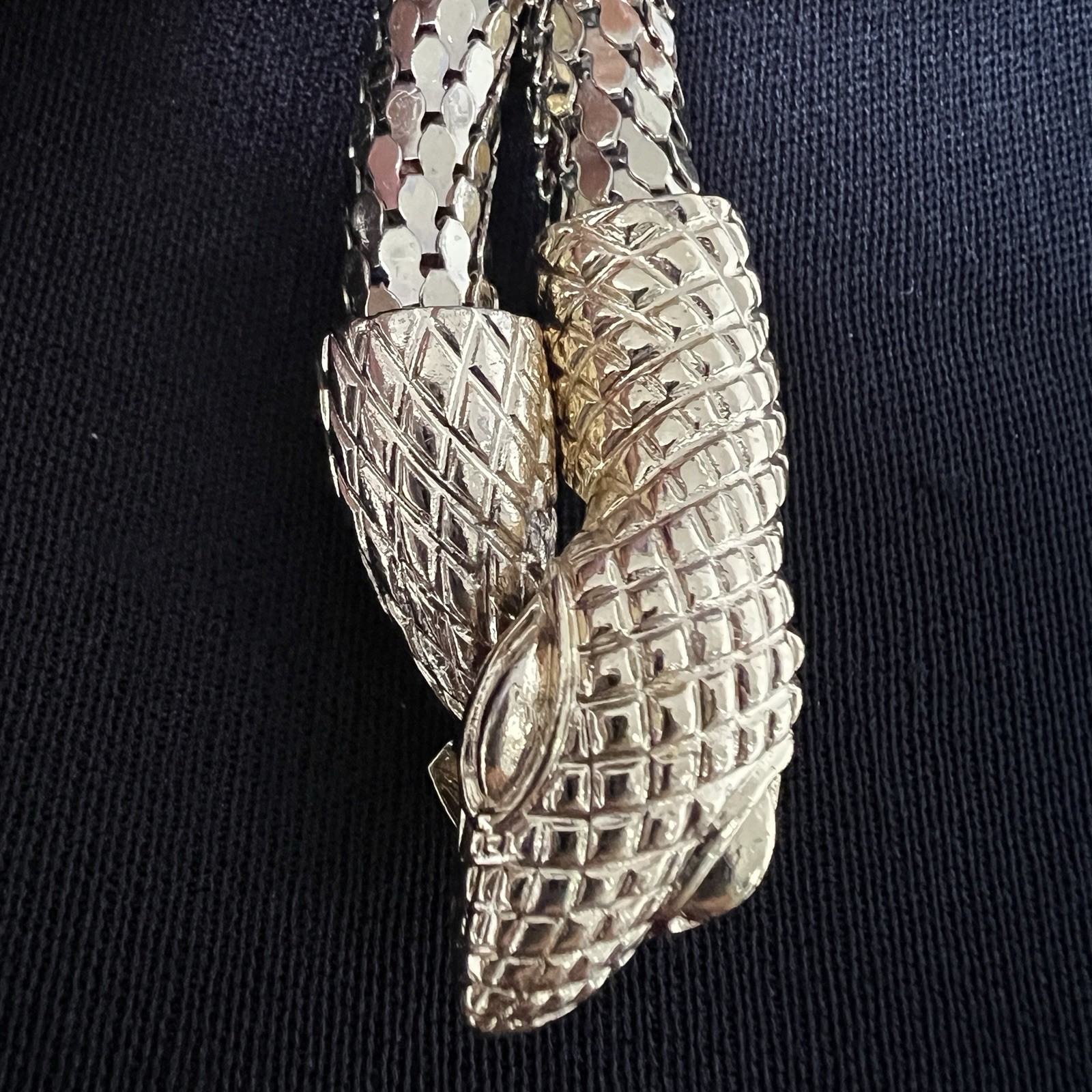 Whiting & Davis Mesh Snake Lariat Necklace in Gold Rare Diamond Crosshatch Vtg