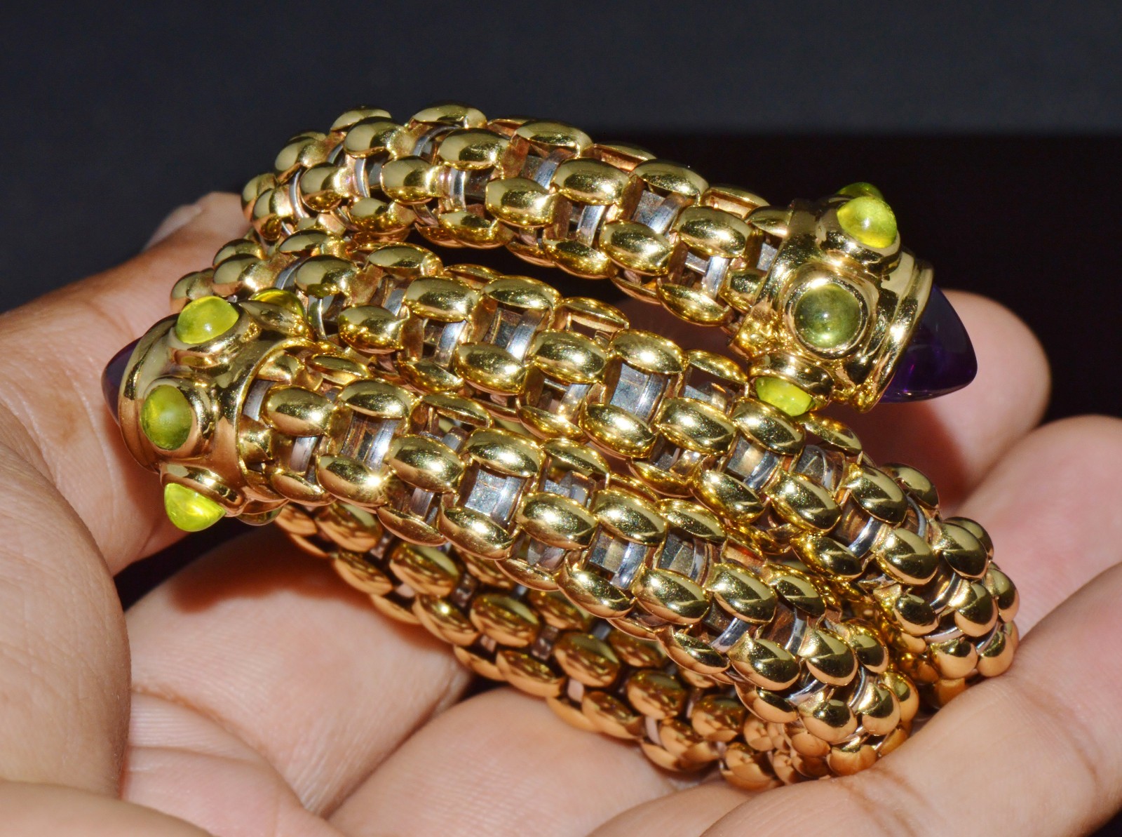 RARE VINTAGE FOPE AMETHYST 18K SOLID GOLD DOUBLE WRAP SNAKE FLEX’IT BRACELET