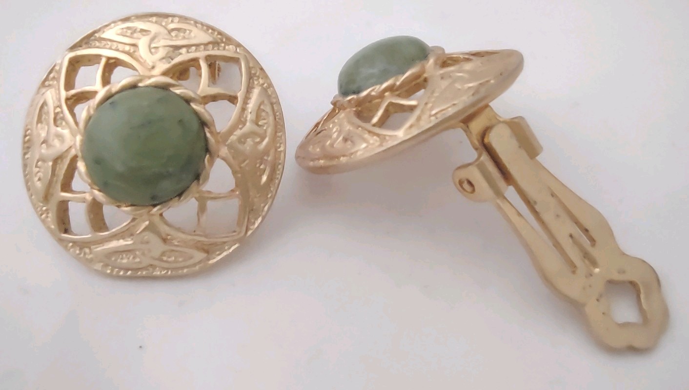 Vintage Connemara Marble And Gold Tone Clip Earrings In Gift Box