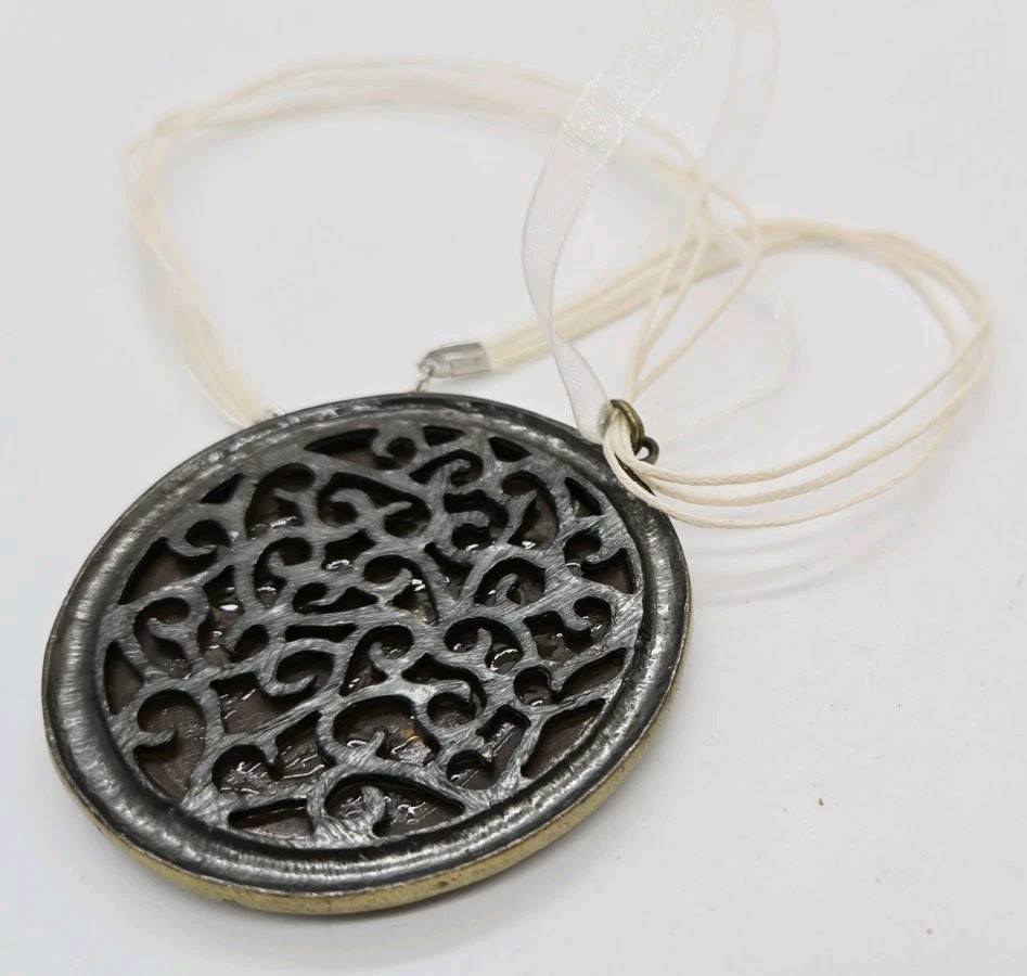 Carved Phoenix Medallion Pendant Necklace Ribbon Statement Vintage 18 in