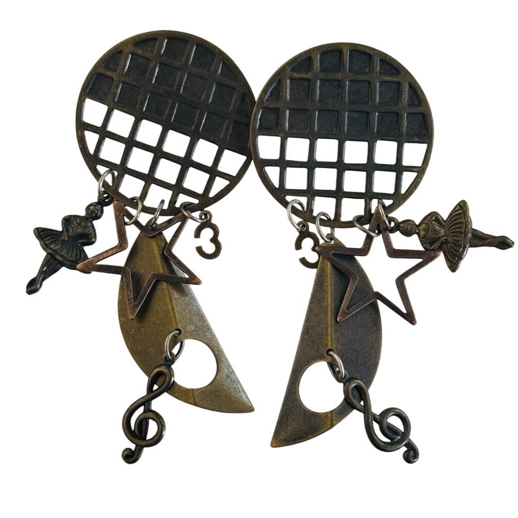 Statement BOHO Earrings VTG Star Ballerina Pierced Dangle Bronze Mod Charm 80s