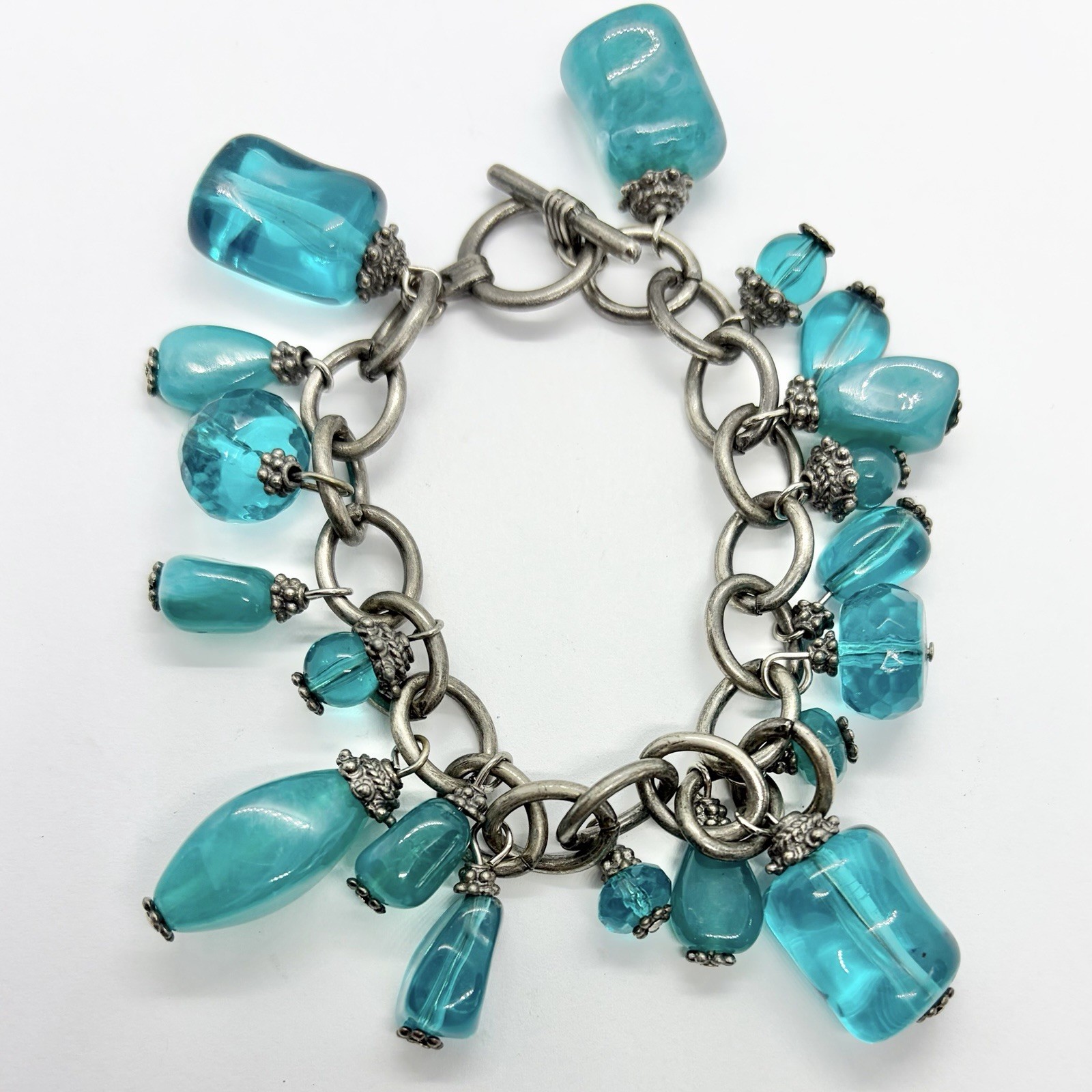 Vtg Bold Teal Resin Chunky Bead Charm Chain Cha Cha Statement Bracelet 7.5 Inch