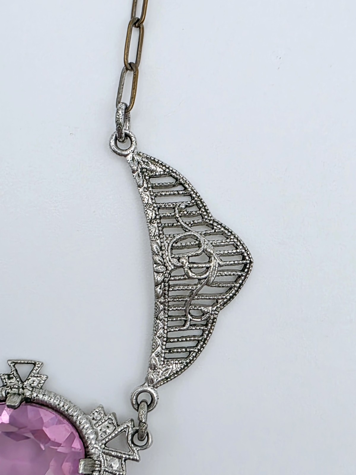 Antique Art Deco Lavalier Pendant Necklace Pink Glass Filigree Edwardian