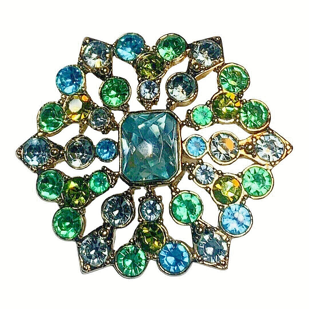Liz Claiborne Green Rhinestone Brooch Pin 2” Gold Tone Flower