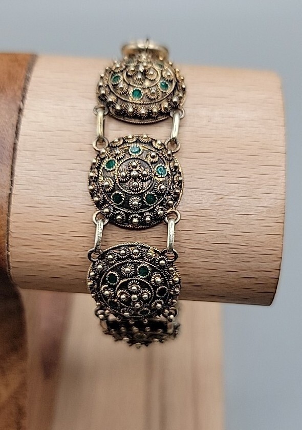 Antique Dutch 833 Silver Filigree Bracelet Green Glass Art Deco S-Hertogenbosch