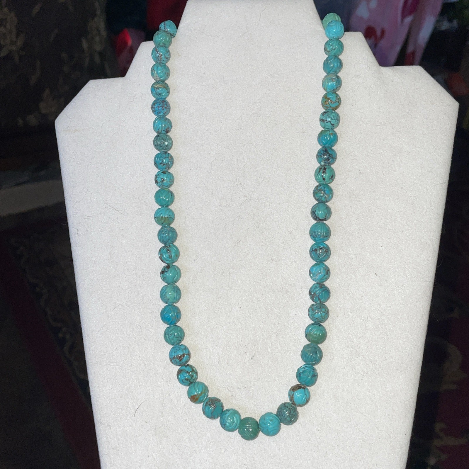 Vintage Chinese Turquoise Carved Shou Bead Necklace Sterling Silver 21” Long