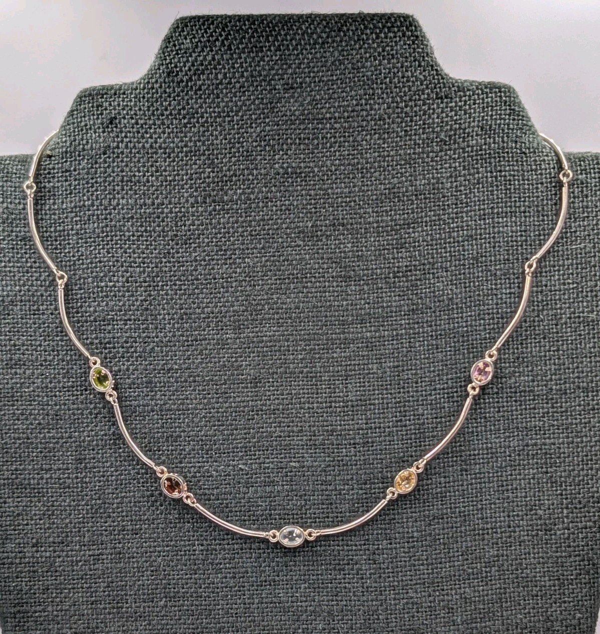 Vtg Sterling Silver Lab Created Gemstones Curved Tube Links 925 Necklace – 17.5″