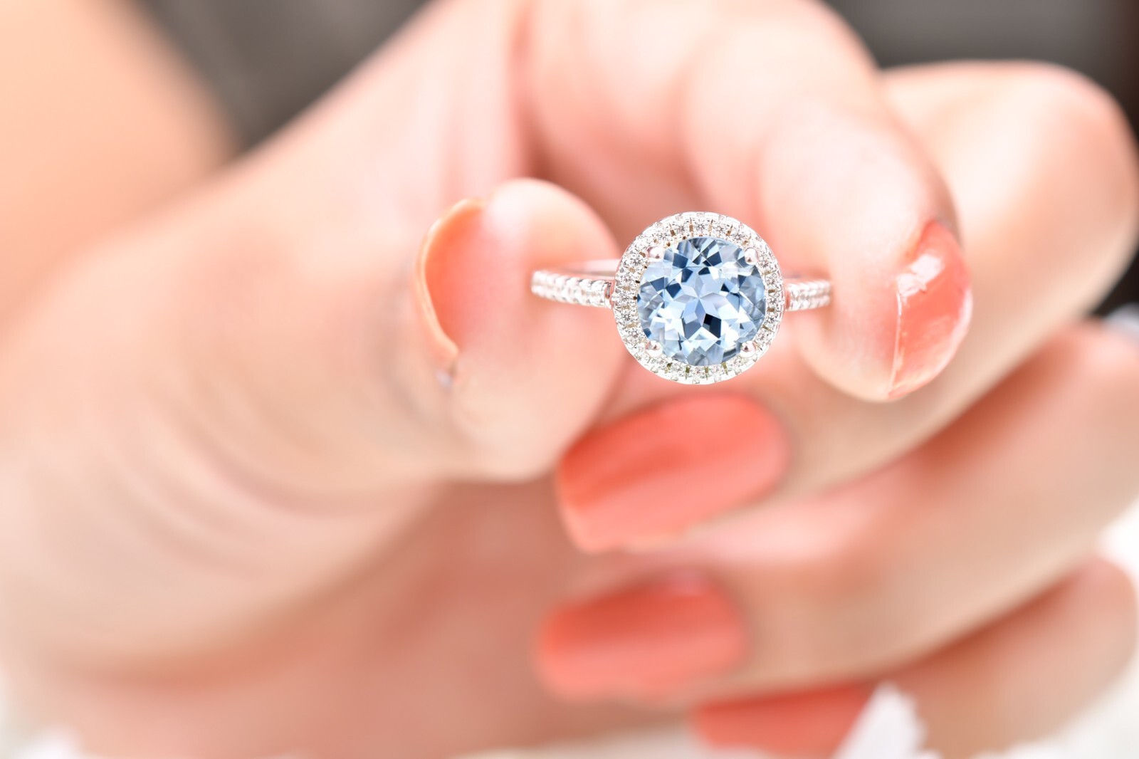 Round Cut Aquamarine Wedding Ring Anniversary Gift For Her Couple Ring Halo Ring
