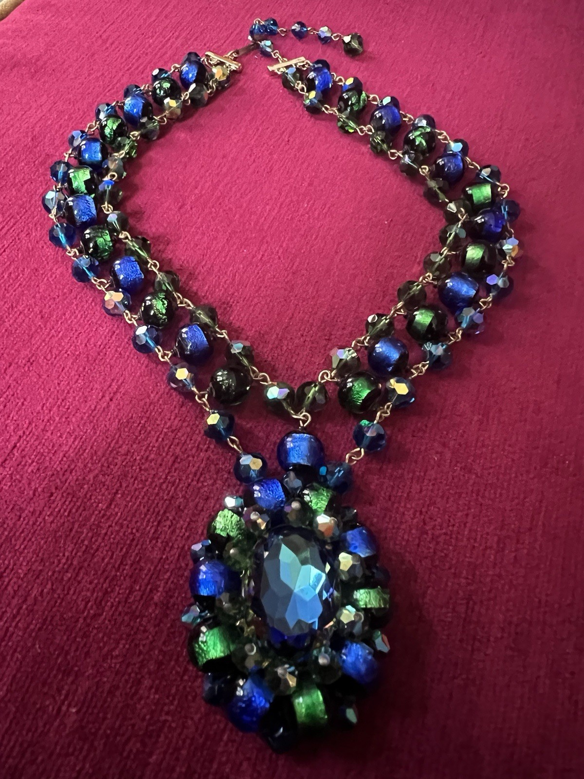 GORGEOUS VTG STATEMENT DESIGNER NECKLACE VENETIAN FOILED BLUE/GREEN GLASS BEADS