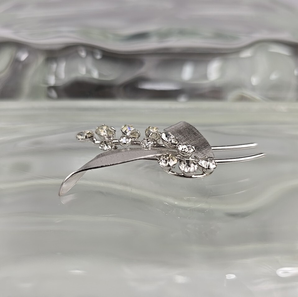 Vintage 925 Sterling Silver Clear Rhinestone Flowers Plant Brooch Pin #1
