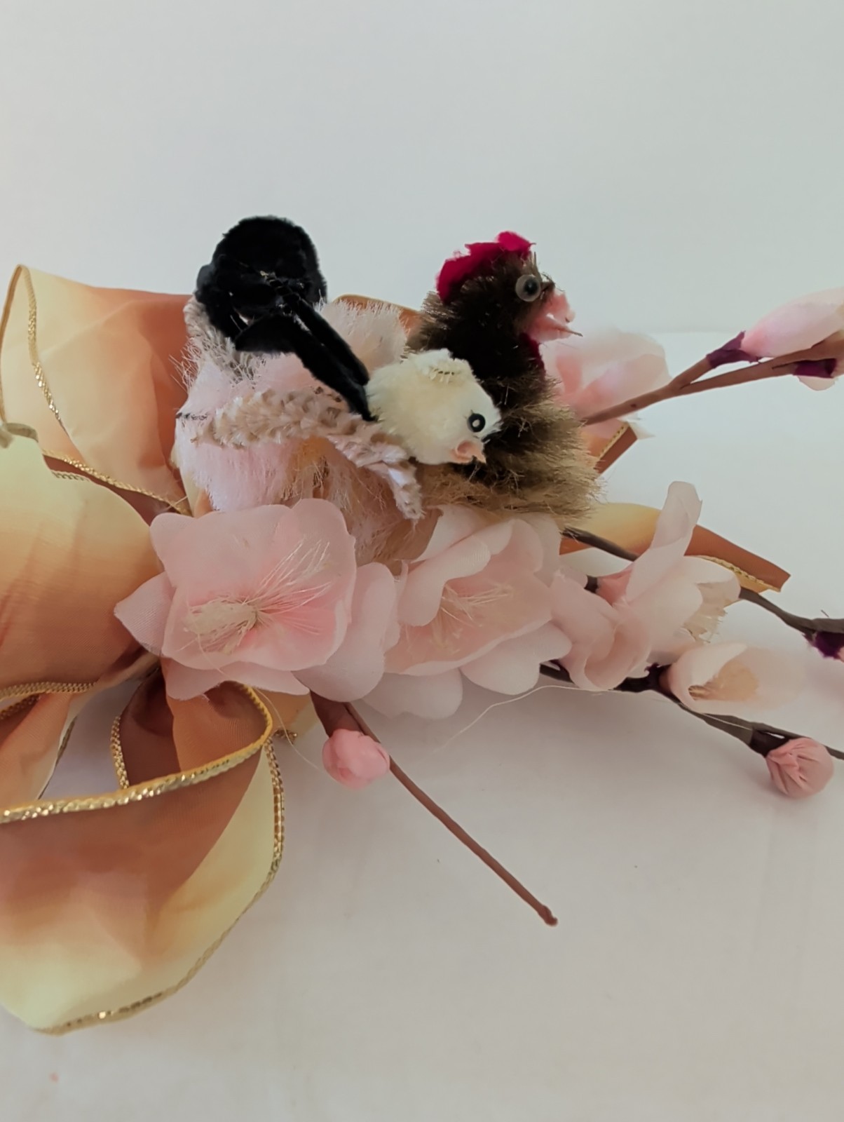 Vtg Easter Corsage Brooch Pin Chicken Hen & Chick Cherry Blossom Chenille Kitsch