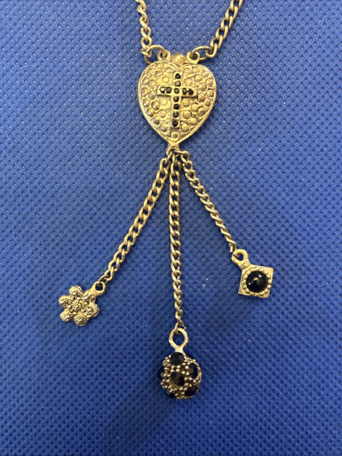 Vintage EH Pewter Heart Cross Charm Necklace Y2K Goth 16”